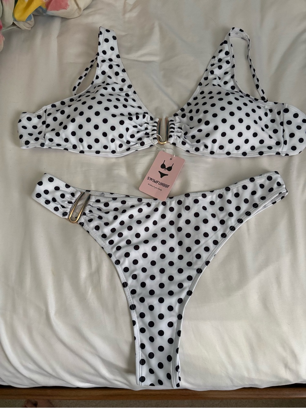 Polka Dot Bikini Set with Gold Accents - Picture 1 of 4